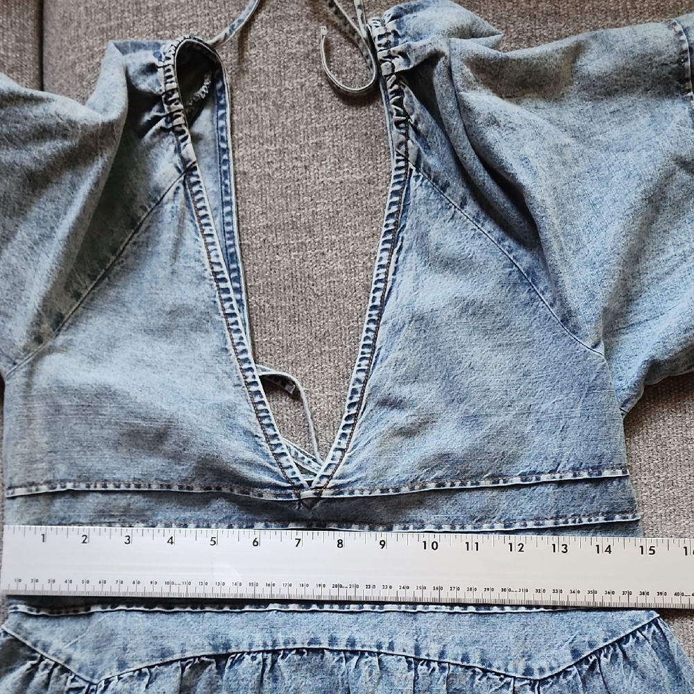 Free People Blue Denim Boho Babydoll Mini Dress Puff Sleeve Deep V Festival - Picture 10 of 14